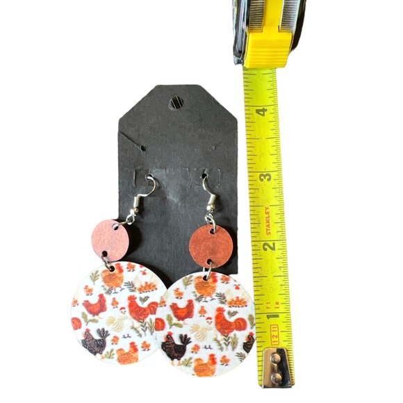 Wooden Round Chicken Print Drop Dangle Earrings - Picture 5 of 5